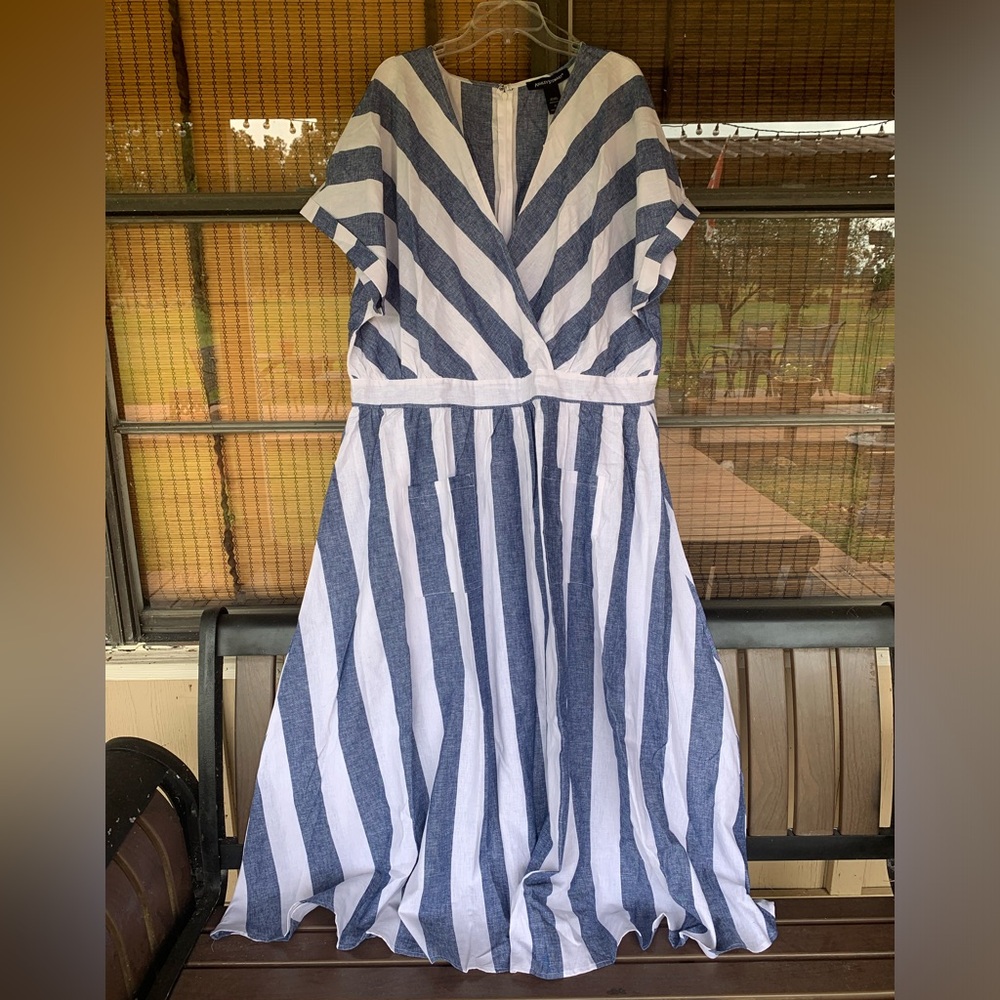 Ashley Stewart Blue White Striped Linen Maxi Dress Size 22 Pockets Zipper NWT